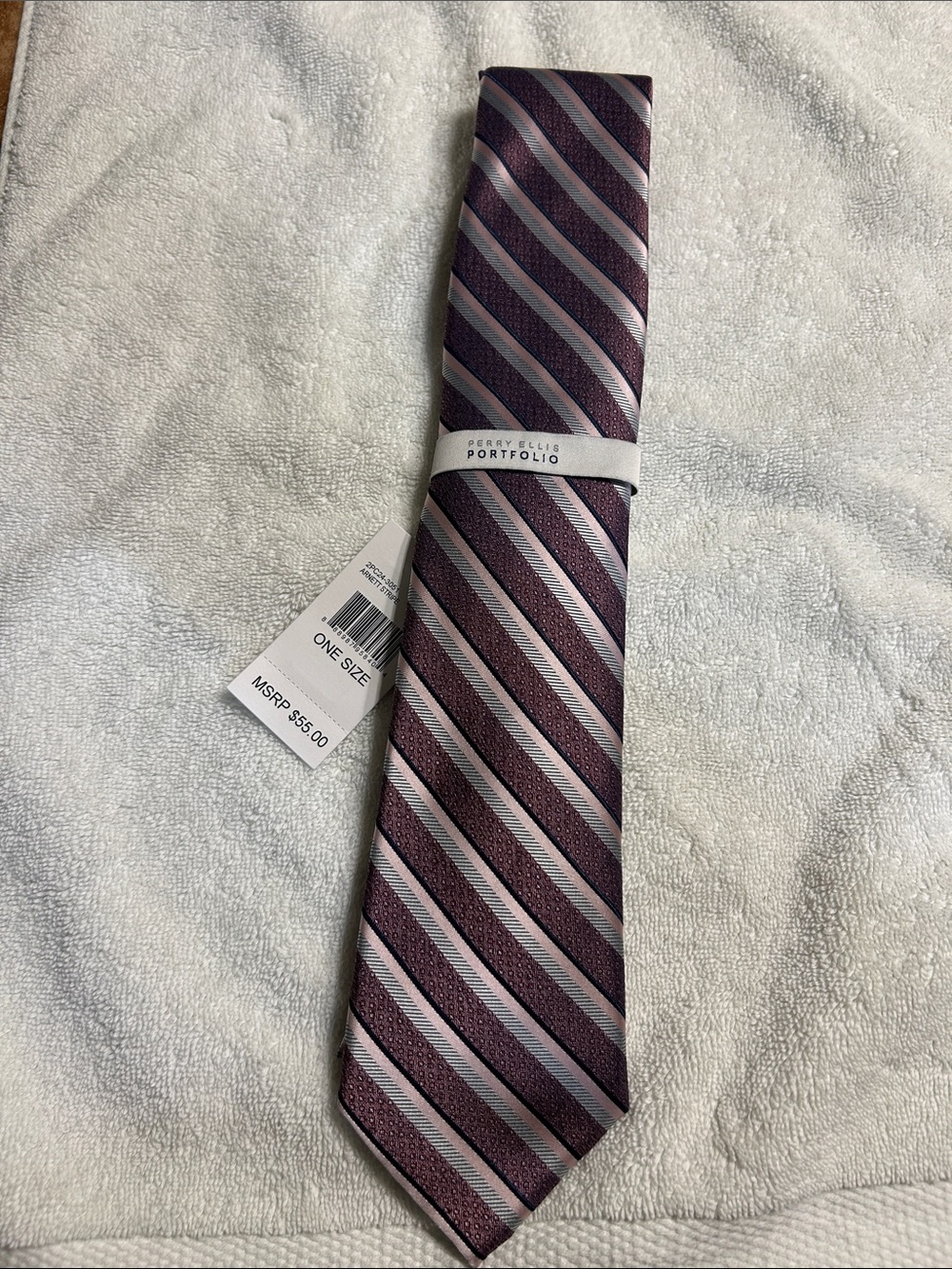 Perry Ellis Purple and Silver Striped Tie
One size